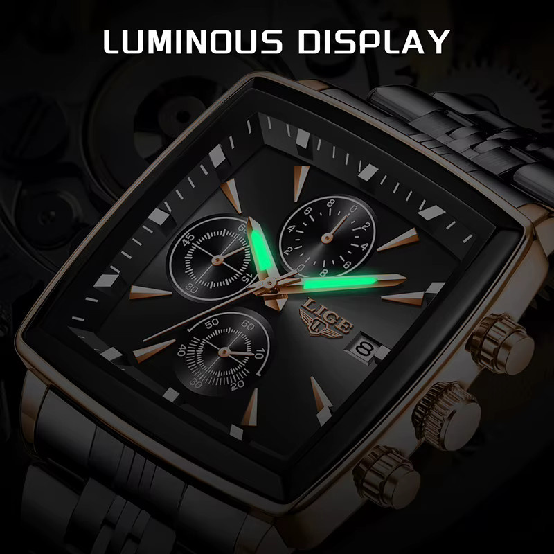 LIGE Armbanduhr, Quarz, Edelstahl, Eckig, Schwarz, Herren - Bild 2
