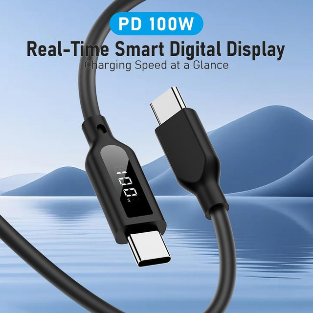 Lemorele USB-C-Kabel mit Digitalanzeige in Schwarz, 100 W Schnellladefunktion und 480 Mbit/s Datenübertragung aus weichem Silikon - Bild 1