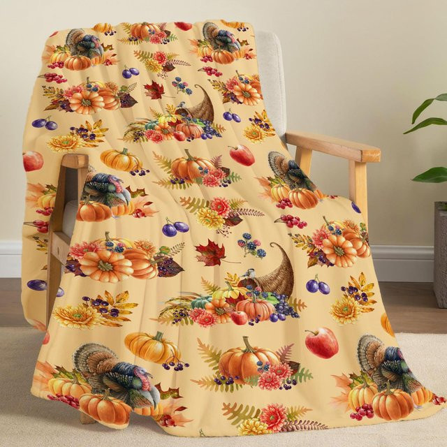 JMG Household Supplies Herbstliche Überwurfdecke aus Flanell mit Ahornblatt- und Kürbis-Print, Braun, B/H: 75 x 100 cm - Bild 1
