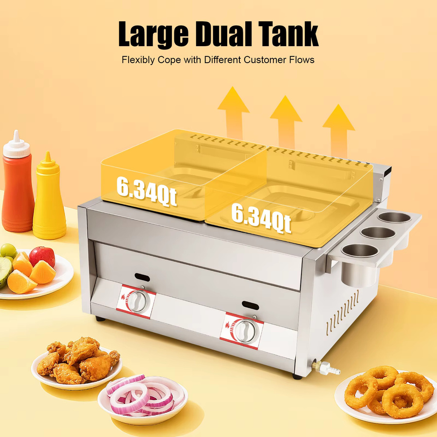 Bymaocar Kommerzielle Gasfritteuse aus Edelstahl mit zwei Tanks, Farbe: Silber/Grau, 2 x 6 l Fassungsvermögen, Temperaturregelung 50–380 °C - Bild 2