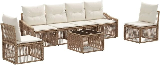 vidaXL Gartensofa-Set 7-teilig aus Poly-Rattan in Beige mit Tisch und Polstern - Bild 1