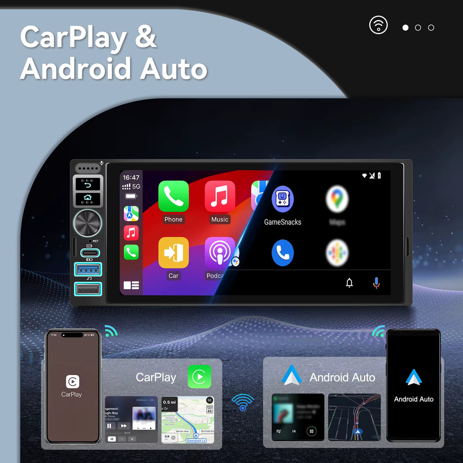 Camecho Android Auto Autoradio mit 6,9 Zoll IPS Bildschirm, 64 GB Speicher, GPS, WIFI, Carplay und Typ-C Anschluss in Schwarz - Bild 2