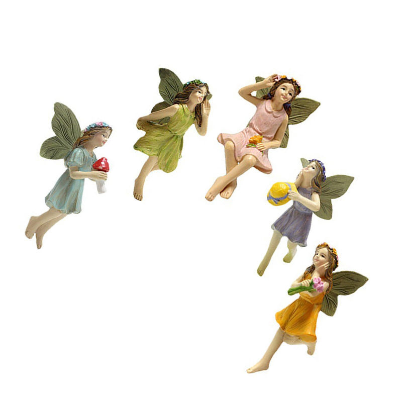 5er Set Neoglint Miniatur Feen Figuren aus Kunstharz in mehrfarbigem floralem Design als Pflanzendekoration - Bild 2