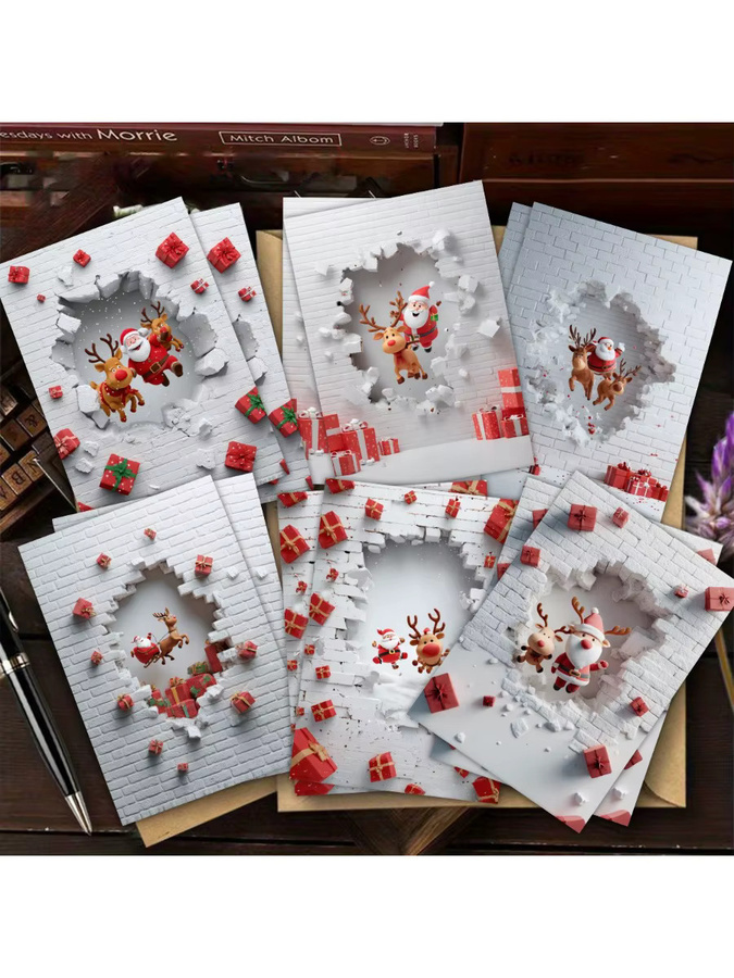 Set aus Weihnachtskarten mit Umschlägen, Pop-Up Grußkarten mit Weihnachtsmann und Rentier, glitzernd, B: 9 cm, H: 13 cm - Bild 6