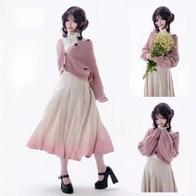 Bilibili Anime Waguri Kaoruko Cosplay Kostüm, Kleid, Perücke, Rosa Farbverlauf - Bild 1
