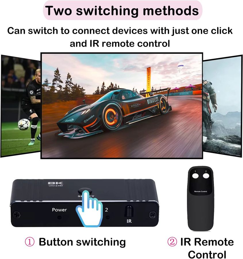 Konsenda Bidirektionaler HDMI 2.1 Switcher 2 in 1 Out, 8K@60Hz und 4K@120Hz, 48Gbps, Schwarz, mit Fernbedienung für Laptop, PC, Xbox und PS5 - Bild 5