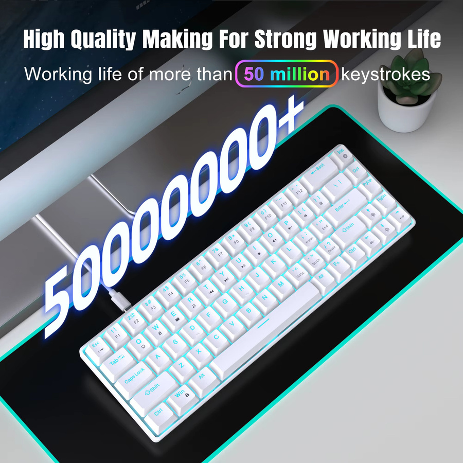 HXSJ Mechanische Tastatur mit 68 Tasten und Hintergrundbeleuchtung in Weiß mit abnehmbarem USB-C-Kabel - Bild 2