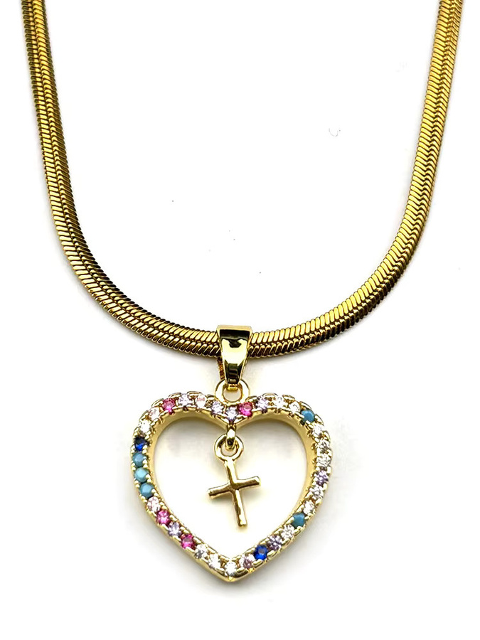 JYTF Herzförmiger Kreuzanhänger mit Zirkonia, Edelstahl, Gold, Unisex - Bild 3