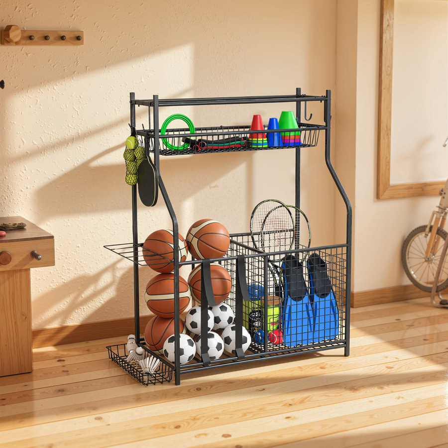 SPORTNOW Organizer für Sportausrüstung in Schwarz mit Korb, abnehmbaren Haken und elastischen Bändern zur Ballaufbewahrung für Basketball und Fußball - Bild 2