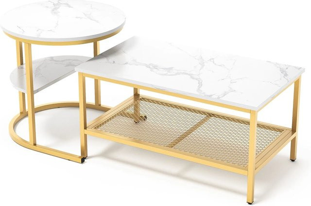 PXloue Couchtisch 2er-Set in Weiß und Gold mit Metallrahmen und Laminat-Oberfläche, Rechteckig - Bild 1