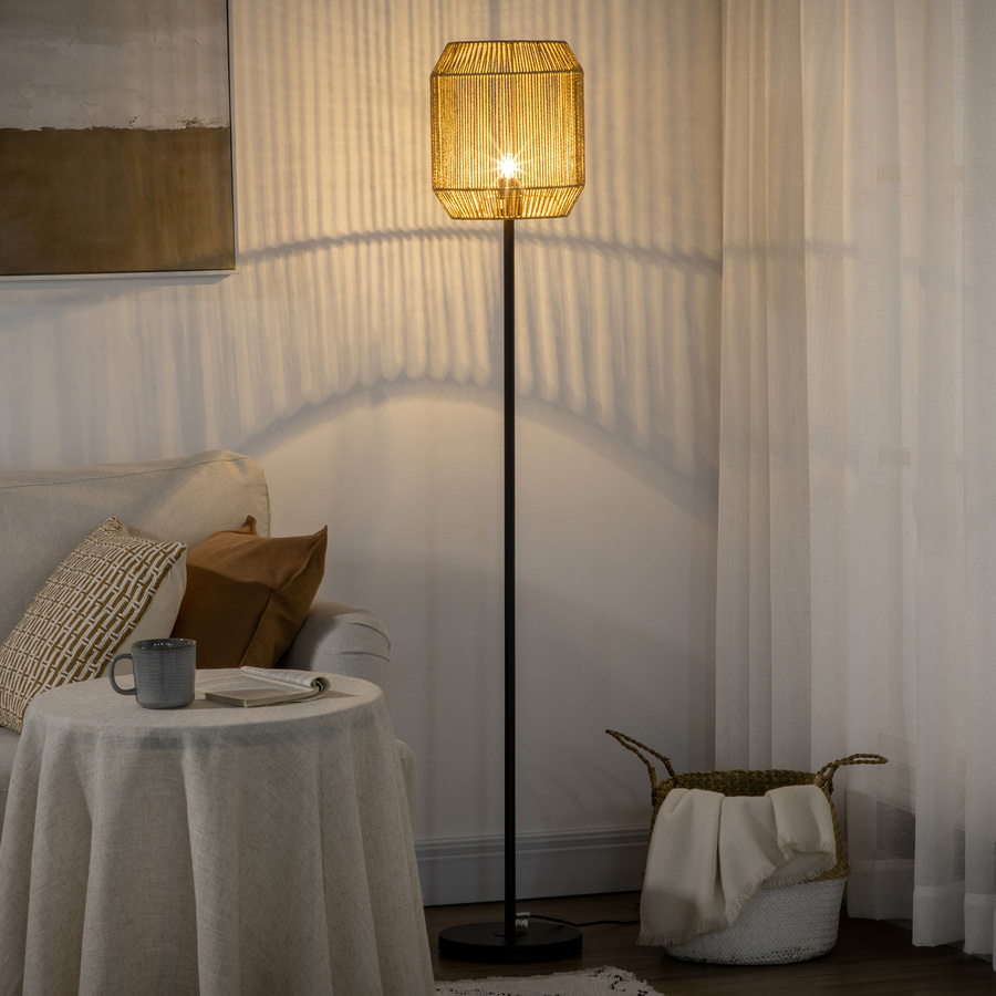 HOMCOM Stehlampe im Vintage-Design aus Metall und Holz mit Lampenschirm aus Papier in Beige, Durchmesser: 26 cm, Höhe: 164 cm - Bild 2