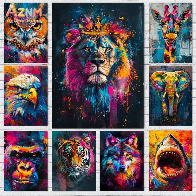 Kayou Abstrakte Tier-Graffiti Wandkunst Leinwanddruck mit Löwe, Tiger und Eule in Multicolor - Bild 1