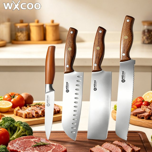 WXCOO 4-teiliges Edelstahl-Küchenmesser-Set in Silber mit Brotmesser, Santoku-Schneidemesser und Fleischbeil - Bild 1