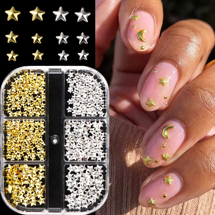 Full Beauty Nagelkunst-Charms, Herz- & Stern-Design, Gold & Silber, Metallic - Bild 1