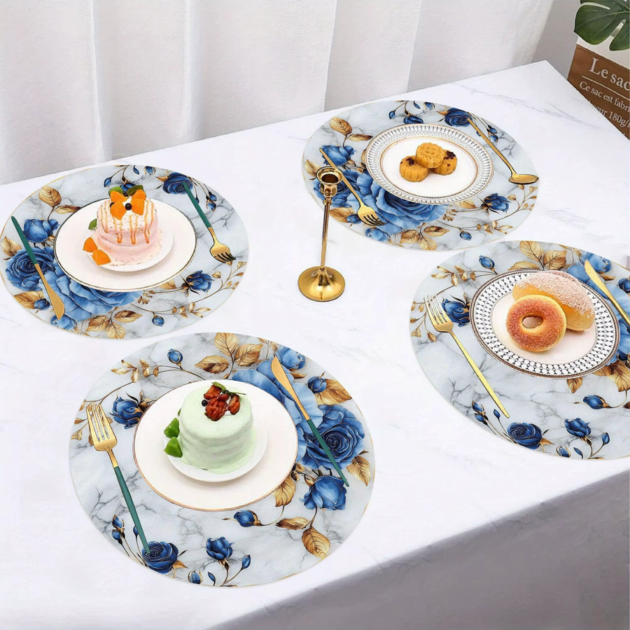VIKAMA 4-teiliges Set runde hitzebeständige Tischsets mit blauem floralem Rosenmuster im modernen Kunststil - Bild 2