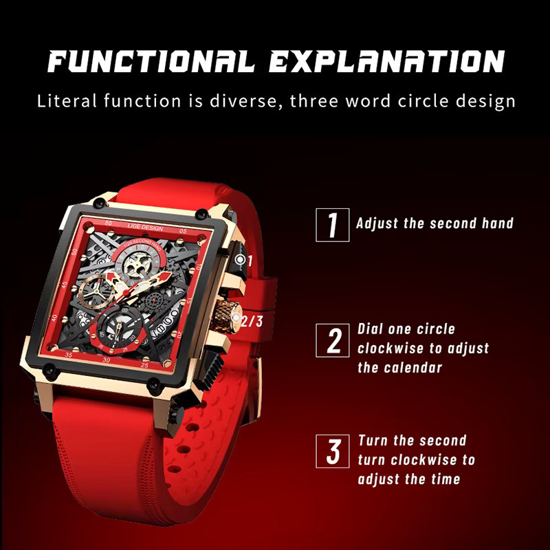 LIGE Chronograph Armbanduhr, Quarz, Eckig, Rot, Silikon, Herren - Bild 5