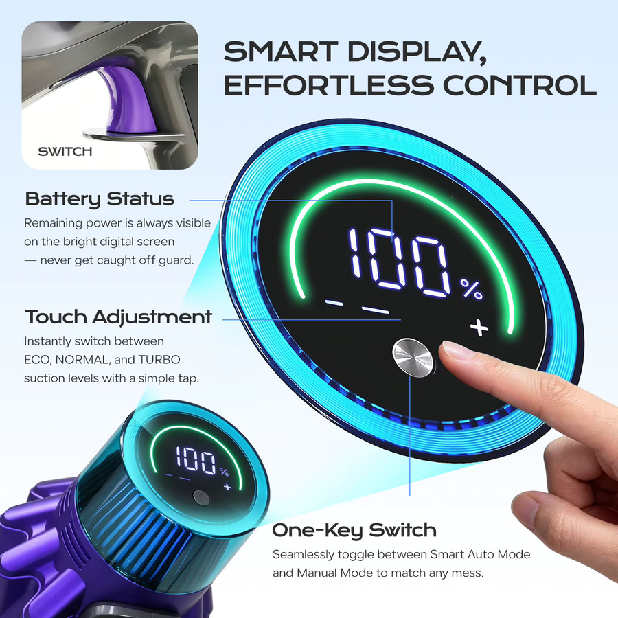 INSE V16 Kabelloser Staubsauger in Purple mit 500W, 75Kpa Saugkraft, Touchscreen, Infrarot-Staubsensor, 6-stufiger HEPA-Filtration und LED-Display für Hartböden und Teppiche - Bild 5
