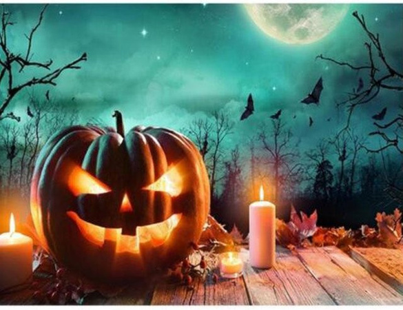FIYO Diamantmalerei Halloween-Kürbislicht als Kreuzstich-Set mit runden Steinen in Blau, B/H: 20 x 30 cm