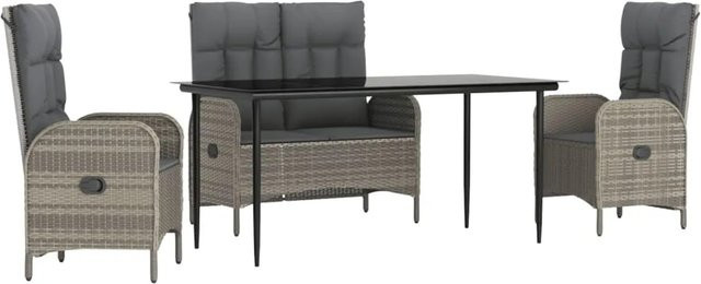 vidaXL 4-teilige Garten-Essgruppe aus Poly Rattan mit Kissen und Tisch aus gehärtetem Glas in Grau - Bild 1
