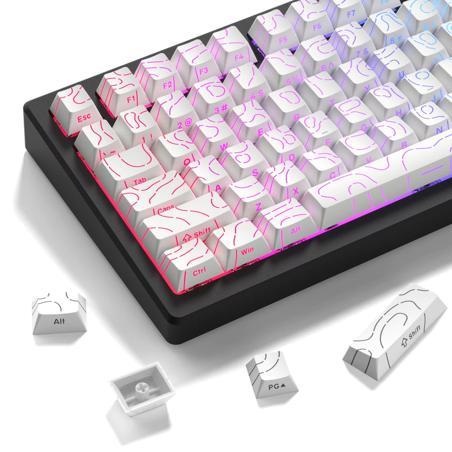 Weiße PBT-Tastenkappen mit topografischem Design und Double-Shot-Seitenbedruckung für mechanische MX-Gamer-Tastaturen, 97 Tasten, durchscheinend und hintergrundbeleuchtbar - Bild 3