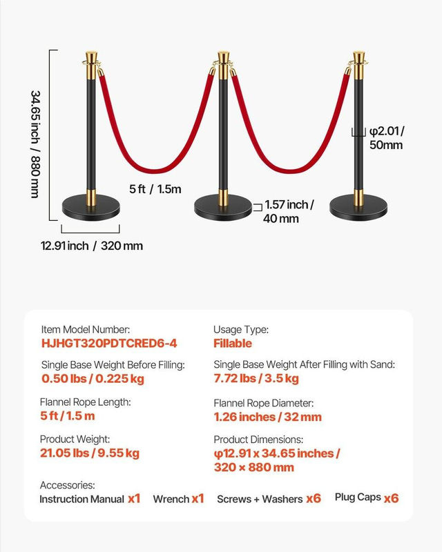 6 Absperrpfosten mit 4 roten Samtkordeln und Sandfüllung für Hochzeiten von Buying Solutions, MB, Schwarz und Rot, Höhe: 150 cm, Durchmesser: 32 cm - Bild 4