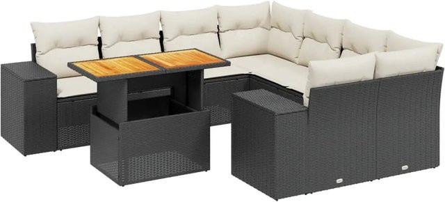 vidaXL 9-tlg Garten-Sofagarnitur in L-Form aus schwarzem Poly-Rattan mit Kissen und pulverbeschichtetem Stahlgestell - Bild 1