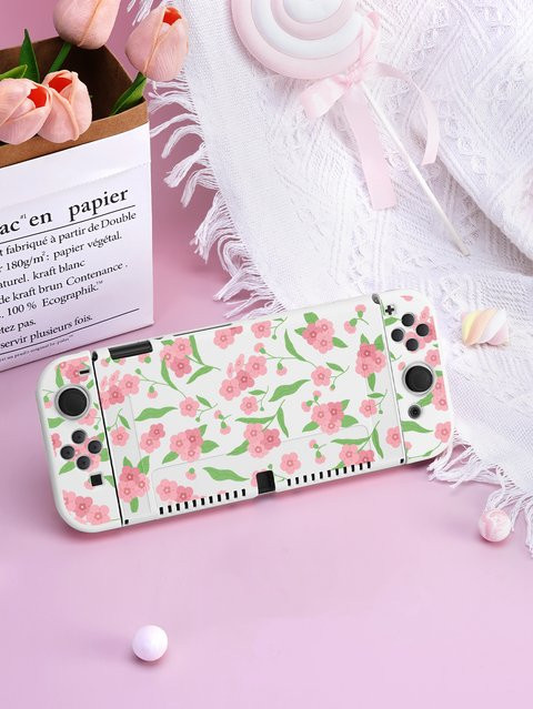 Blumen Schalter Schutzhülle für Nintendo Switch OLED mit trennbaren Handschuhen für Joy-Con in Weiß und Multicolour - Bild 1