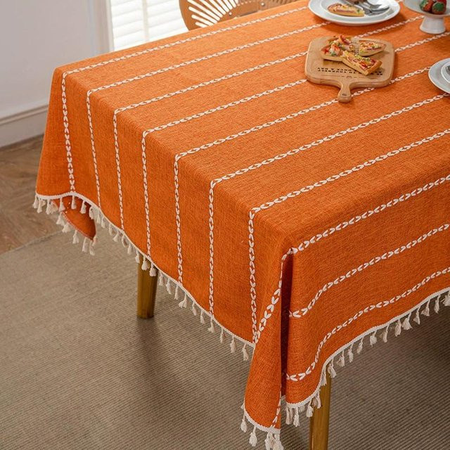 ILVISEST Boho-Tischdecke gestreift in Orange, bestickte Jute-Tischdecke im Bauernhaus-Stil, B/T: 120 x 160 cm - Bild 1