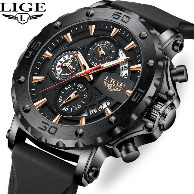 LIGE Chronograph Armbanduhr, Quarz, Silikon, Schwarz, Herren - Bild 1
