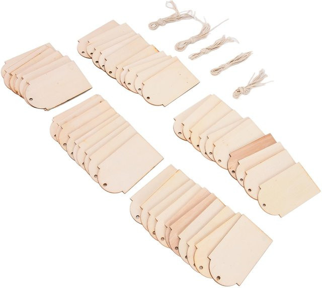 50 Stück shoemst Holzstücke für DIY Bastelarbeiten, natürlich und rustikal, beige mit Hanfseil als Anhänger für Lesezeichen oder Dekoration - Bild 1