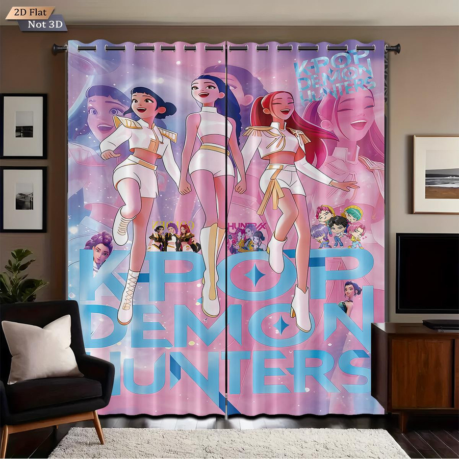 Set aus 2 verdunkelnden Vorhängen mit Pop-Dämonenjäger-Druck für Wohnzimmer und Schlafzimmer, isolierend, Polyester, Breite: 100 cm, Höhe: 70 cm - Bild 2