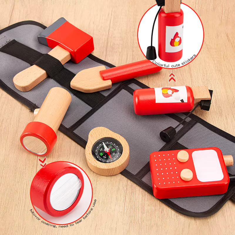 Lee's Sharing Feuerwehr Werkzeug Set aus Holz mit Taillentasche für Kinder ab 3 Jahren, Pädagogisches Rollenspiel Spielzeug in Natur und Bunt - Bild 4