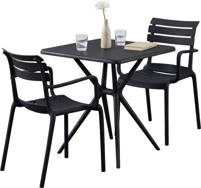 CLP Gartenmöbel-Set Avena in Schwarz, wetterfeste Sitzgruppe mit 2 Stapelstühlen und quadratischem Esstisch für Balkon, Terrasse und Garten, Tisch B: 72 cm, B: 72 cm - Bild 1