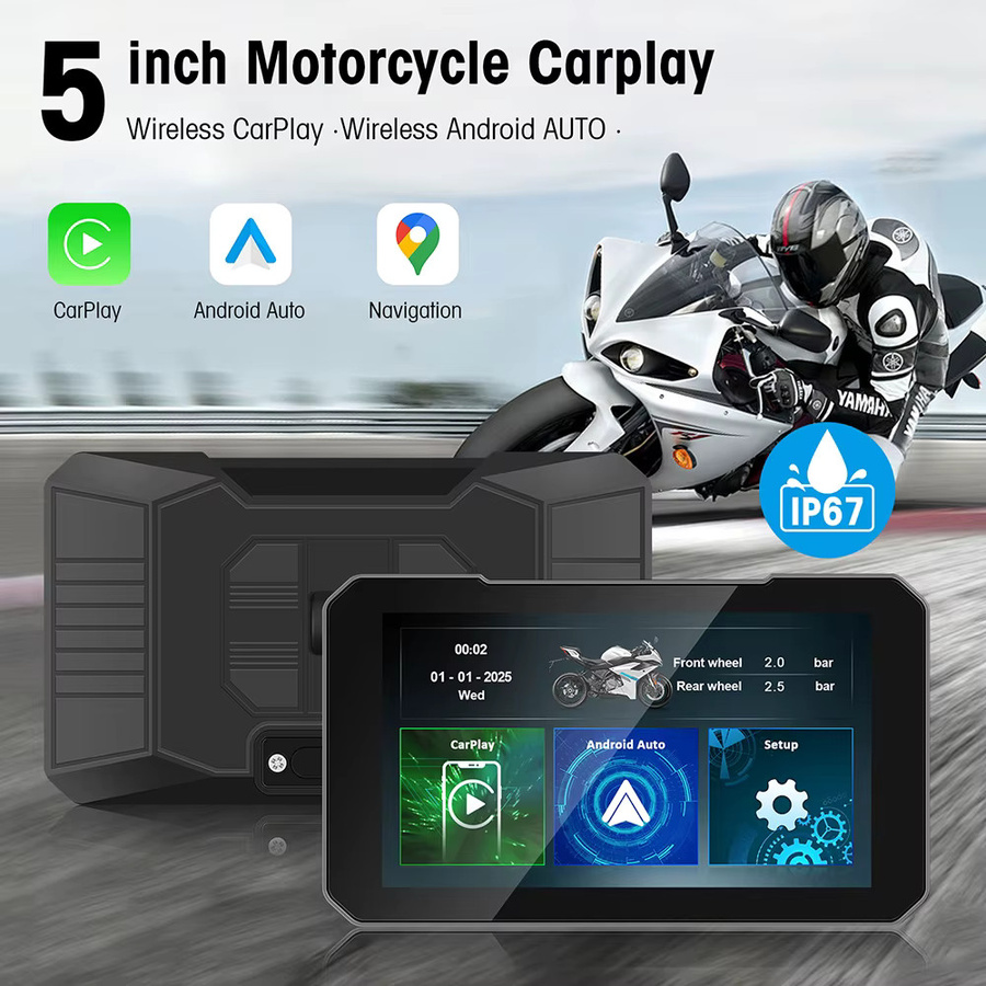 ANYFAR Moto DVR 5-Zoll Motorrad-Bildschirm mit GPS-Navigation, kabellosem CarPlay und Android Auto, IP67 wasserdicht, Schwarz - Bild 2