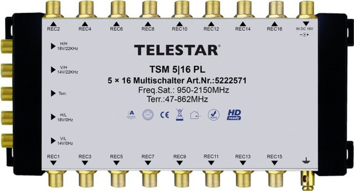 Telestar TSM 5/16 Premium Line SAT Multischalter mit 5 Eingängen und 16 Teilnehmern in Schwarz/Silber - Bild 2