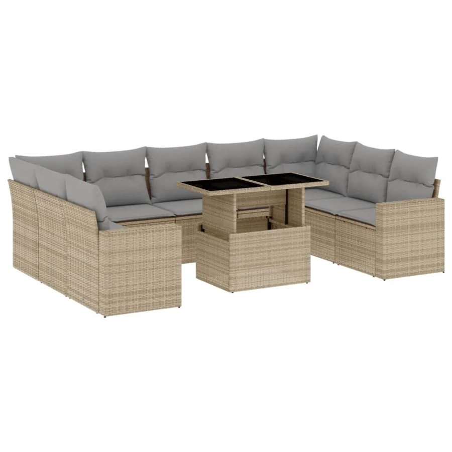 vidaXL 10-tlg. Garten-Sofagarnitur in L-Form aus beigem Poly-Rattan mit wetterfesten Kissen und pulverbeschichtetem Stahlgestell - Bild 2