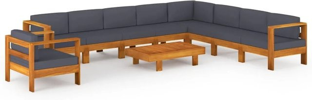 vidaXL 10-tlg Garten-Lounge-Set aus Akazienholz in L-Form mit grauen Polsterauflagen aus UV-beständigem Polyester - Bild 1