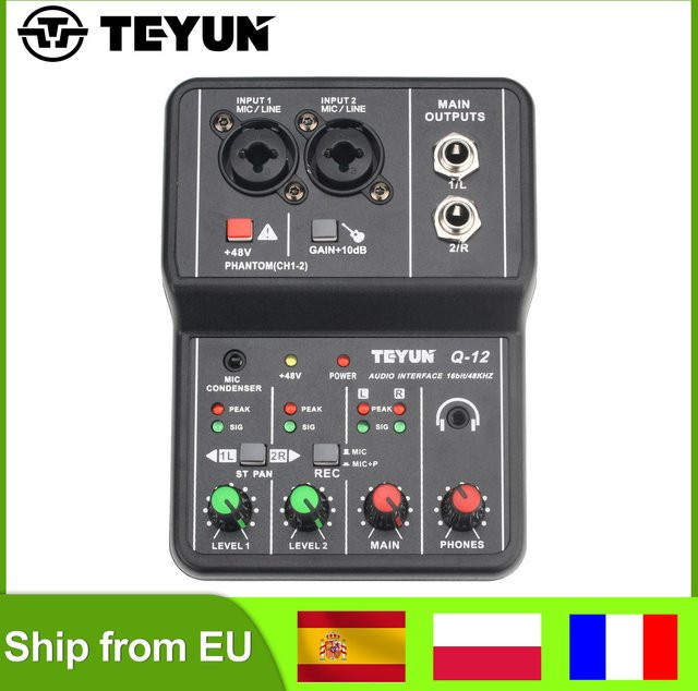 TEYUN Q-12 USB-Audio-Schnittstelle in Schwarz mit 2 Mikrofoneingängen für Studio und Heimaufnahme, 16 Bit, 48 kHz - Bild 1