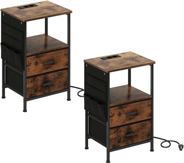 Costway Nachttisch 2er Set mit LED-Beleuchtung und Ladestation in Braun und Schwarz, B/T/H: 60 x 30 x 30 cm - Bild 1