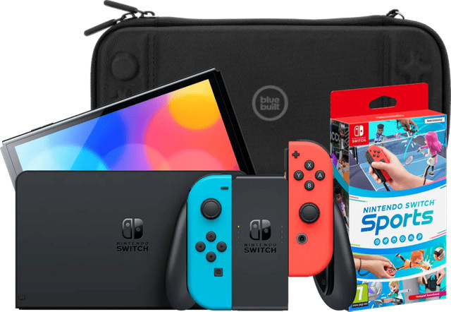 Nintendo Switch OLED Konsole Blau/Rot inklusive Nintendo Switch Sports und Bluebuilt Travel Case - Bild 1