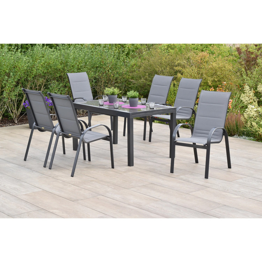 Merxx Gartenmöbelset Amalfi 7-teilig aus Aluminium und Textil in Grau mit ausziehbarem Tisch und stapelbaren Sesseln - Bild 2