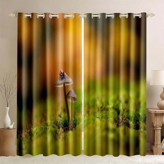 Dekorative 3D Vorhänge mit Pilz-Landschaft und Insekten Motiv, 2 Paneele, Mehrfarbig, Breite: 50 cm, Höhe: 130 cm - Bild 1