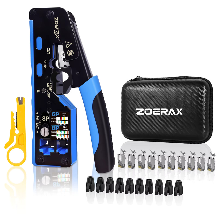 ZoeRax 5-in-1 RJ45-Stecker-Set mit Crimpwerkzeug, 10 Stück CAT7/6A Durchgangsanschlüsse, Abdeckungen, Abisolierzange und Klingen - Bild 6