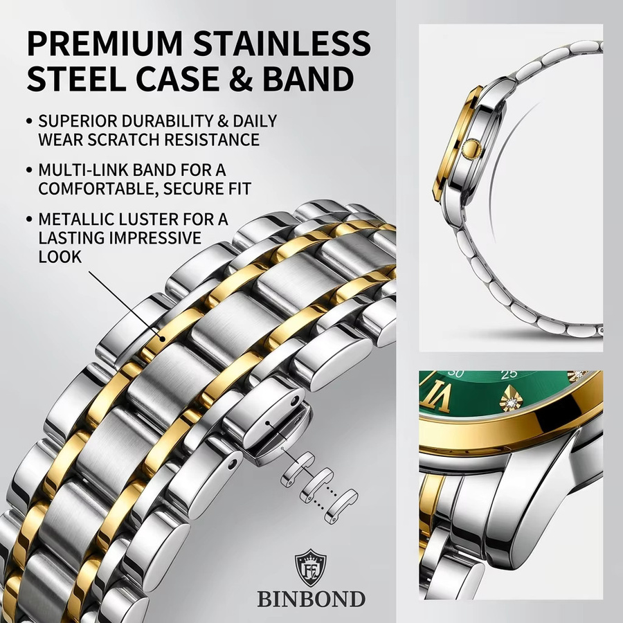 BINBOND Armbanduhr, Quarz, Edelstahl, Grün, Unisex - Bild 3