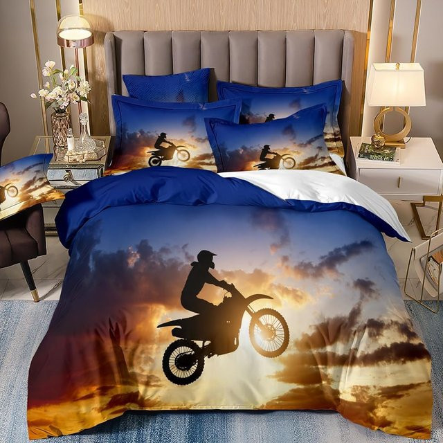 Bettwäsche-Set Binchi Fitness für Kinder und Teenager mit Motorrad 3D Offroad Print, Blau, B/T/H: 90 x 200 cm - Bild 1