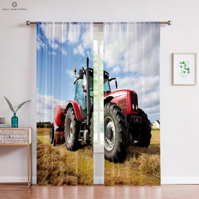 Yiran Furniture Vorhänge mit 3D-Traktor-Druck, 2er-Set, halbtransparent, Mehrfarbig, B: 50 cm, H: 130 cm - Bild 1