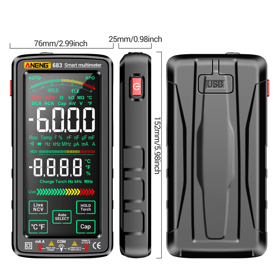 ANENG 683 Digitalmultimeter mit großem Touchscreen, intelligentes Universalmessgerät mit 6000 Counts, NCV-Tester und Anti-Verbrennungs-Schutz, Schwarz - Bild 4