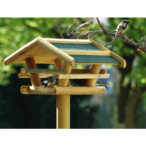 Dobar Vogelhaus aus massivem Nadelholz mit grünem Bitumendach und Ständer, natur/grün-braun - Bild 2