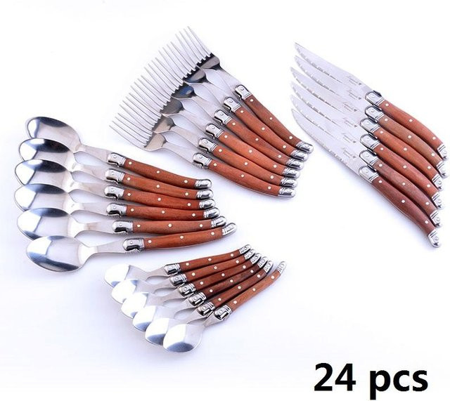 24-teiliges Laguiole Besteckset von Flyingcolors aus Edelstahl mit Holzgriffen in Braun, bestehend aus 6 Steakmessern, 6 Gabeln, 6 Löffeln und 6 Teelöffeln - Bild 1