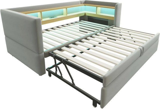Merax Schlafsofa Hellgrau mit LED-Beleuchtung, USB-Ladefunktion und Ablage, B/T/H: 180 x 90 x 190 cm - Bild 1